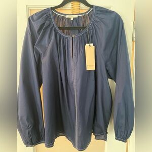 Scotch & Soda Topstitch Peasant Shirt Top Blouse Large Maritime navy blue NWT